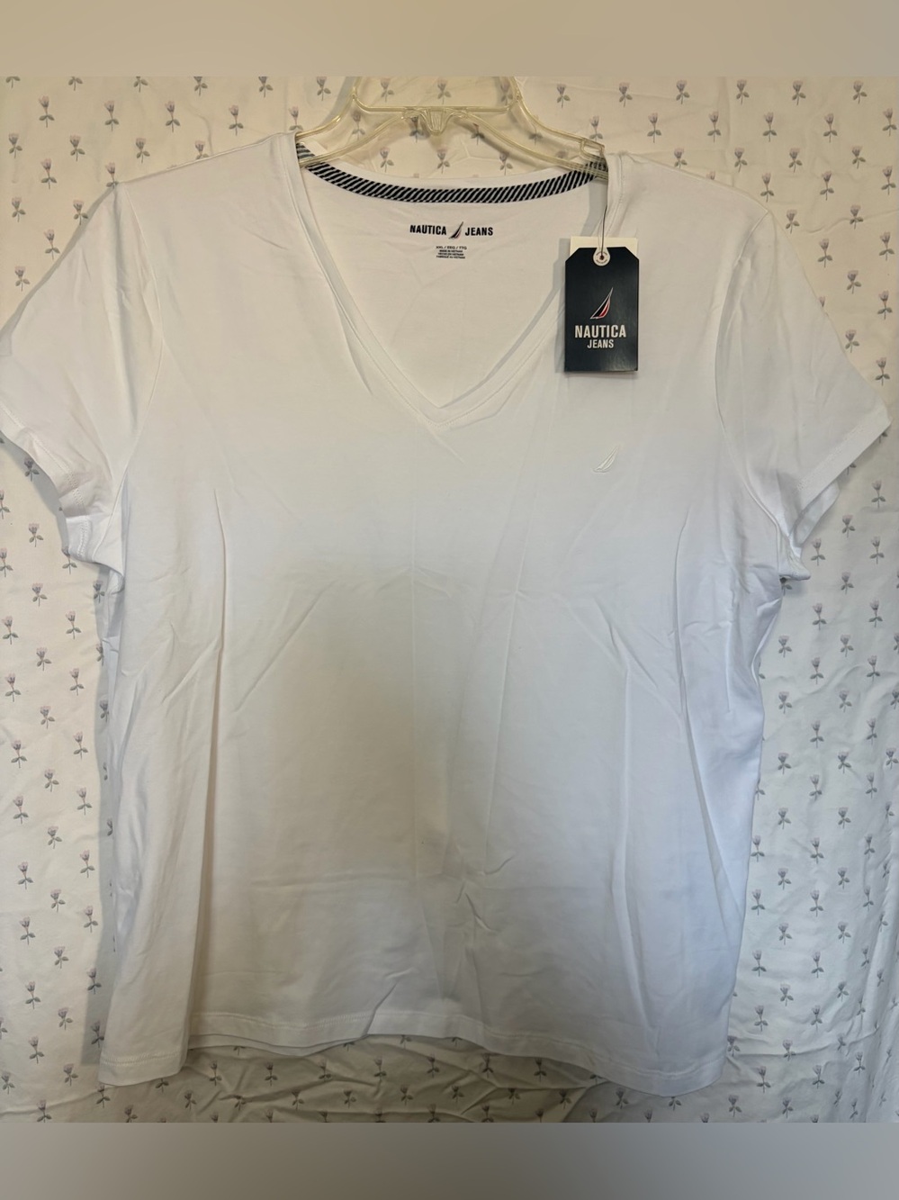Nautica White Womens V-Neck Tee with Subtle Logo